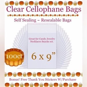 100ct ~6’x9’ Crystal Clear Cello Bags w/100ct Free Thank-You Stickers 🍃🆕🍃